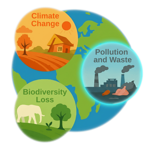 Triple planetary crisis icons with emphasis on pollution and waste